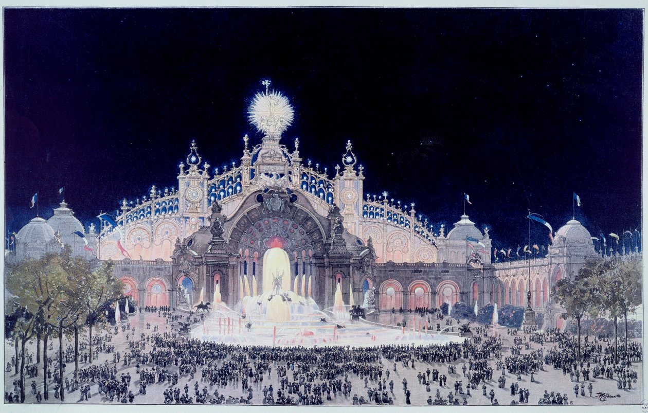 Universell utstilling: "" Utsikt over Palace of Electricite and Water Castle i Paris i 1900"" Trykk av Theodore Joseph Hubert Hoffbauer (1839-1922) kjent som Fedor Hoffbauer. 1900 Paris, Musee Carnavalet av Theodor Josef Hubert Hoffbauer