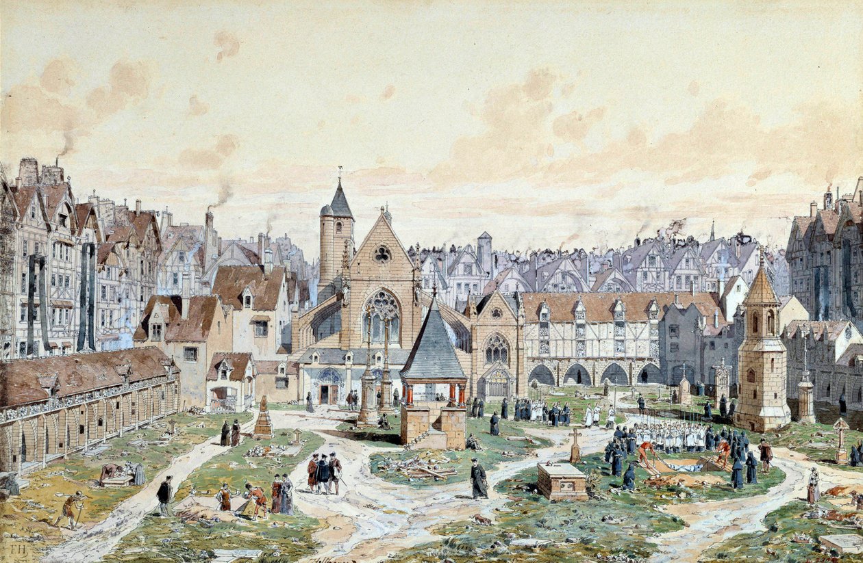 Utsikt over de uskyldiges kirkegård i Paris i 1550. Akvarell av Theodore Joseph Hubert Hoffbauer (1839-1922) Paris fra 1800-tallet, Musee Carnavalet av Theodor Josef Hubert Hoffbauer