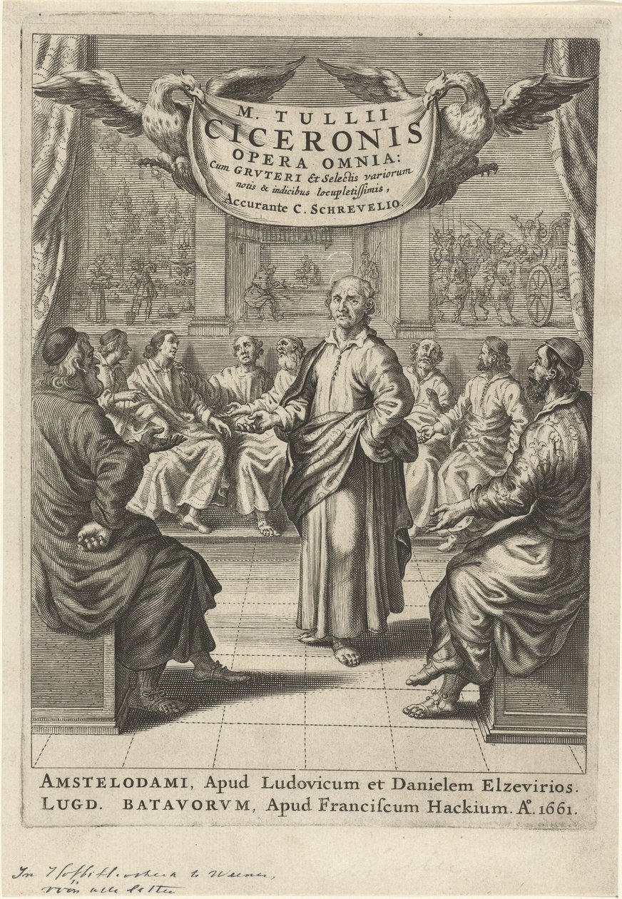 Cicero og diskuterende figurer Tittelside for: Cicero, opera omnia, 1661 av Theodor Matham