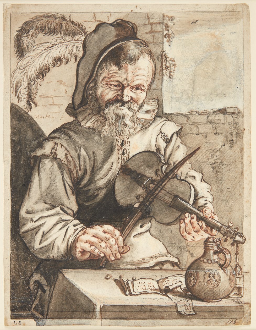 En fiolinist, halvfigur i ansiktet, sittende foran et bord med noter, en tromme og et glass av Theodor Matham