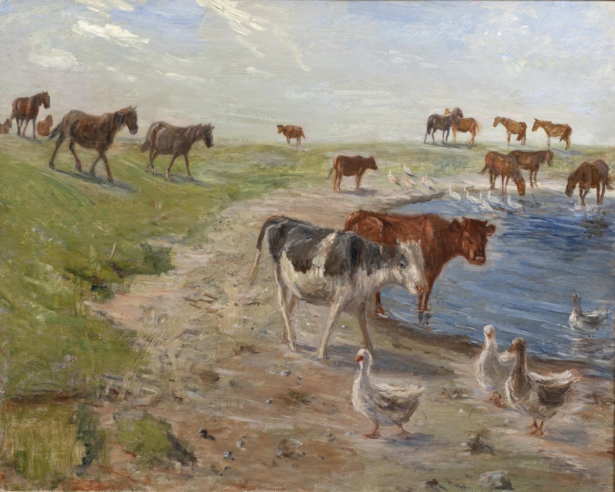 Kalver og gjess ved et vannhull på øya Saltholm av Theodor Philipsen