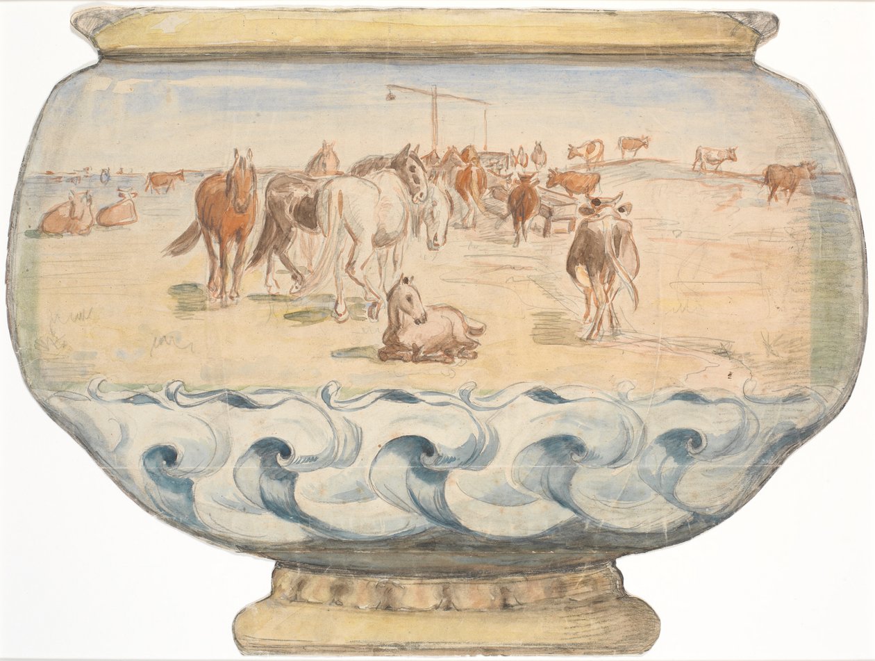 Hester og kyr ved Holländerbrønden på Saltholm (utkast til punch bowl) av Theodor Philipsen