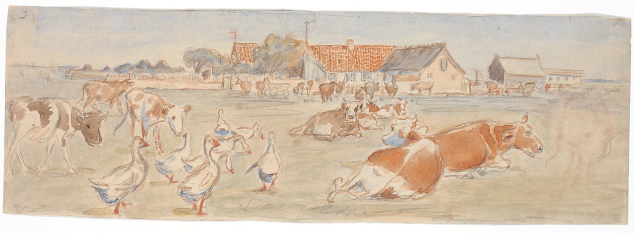 Kyr og gjess på Nyværk på Saltholm (utkast til punchbolle-dekorasjon) av Theodor Philipsen