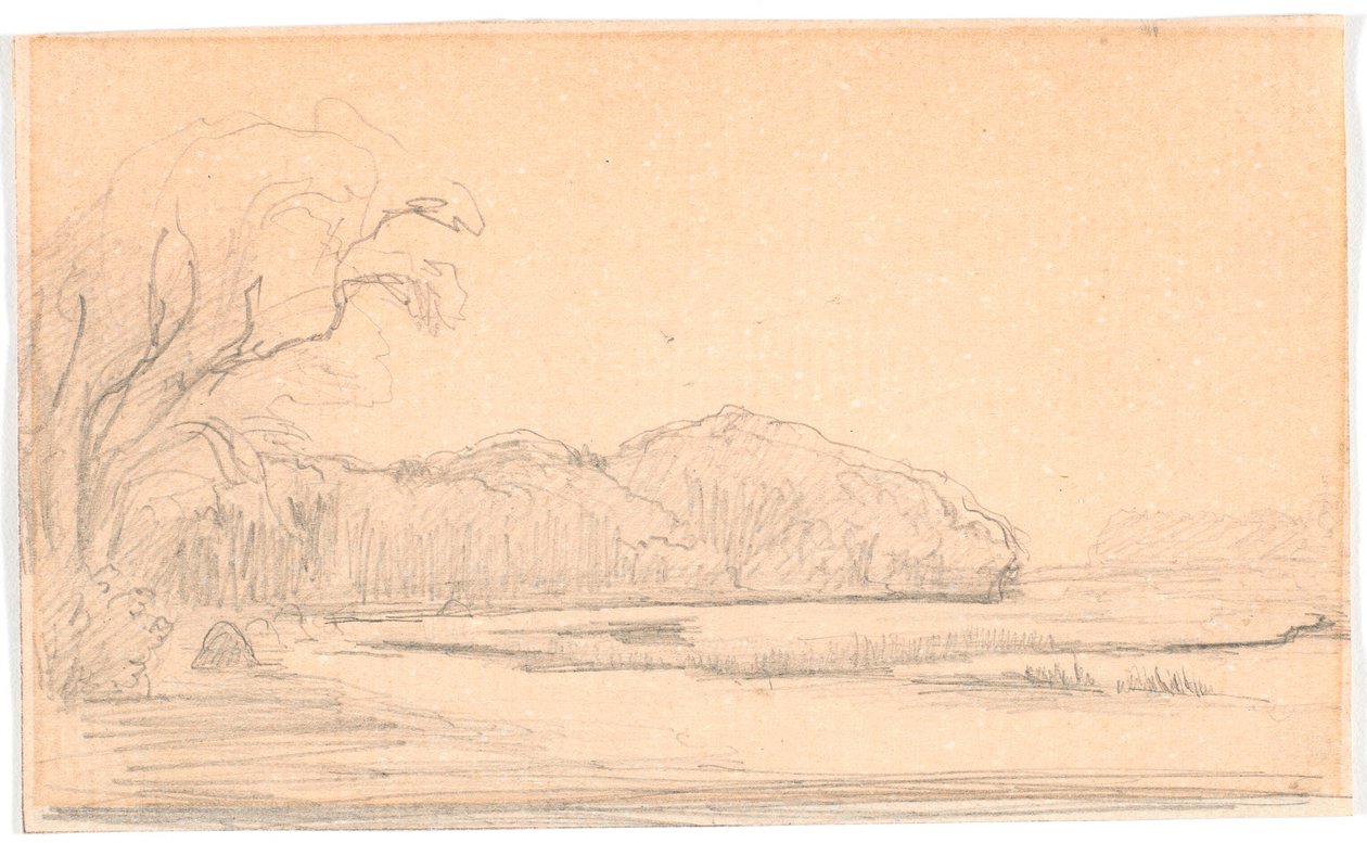 Landskap ved en skogkledd innsjø av Theodor Philipsen
