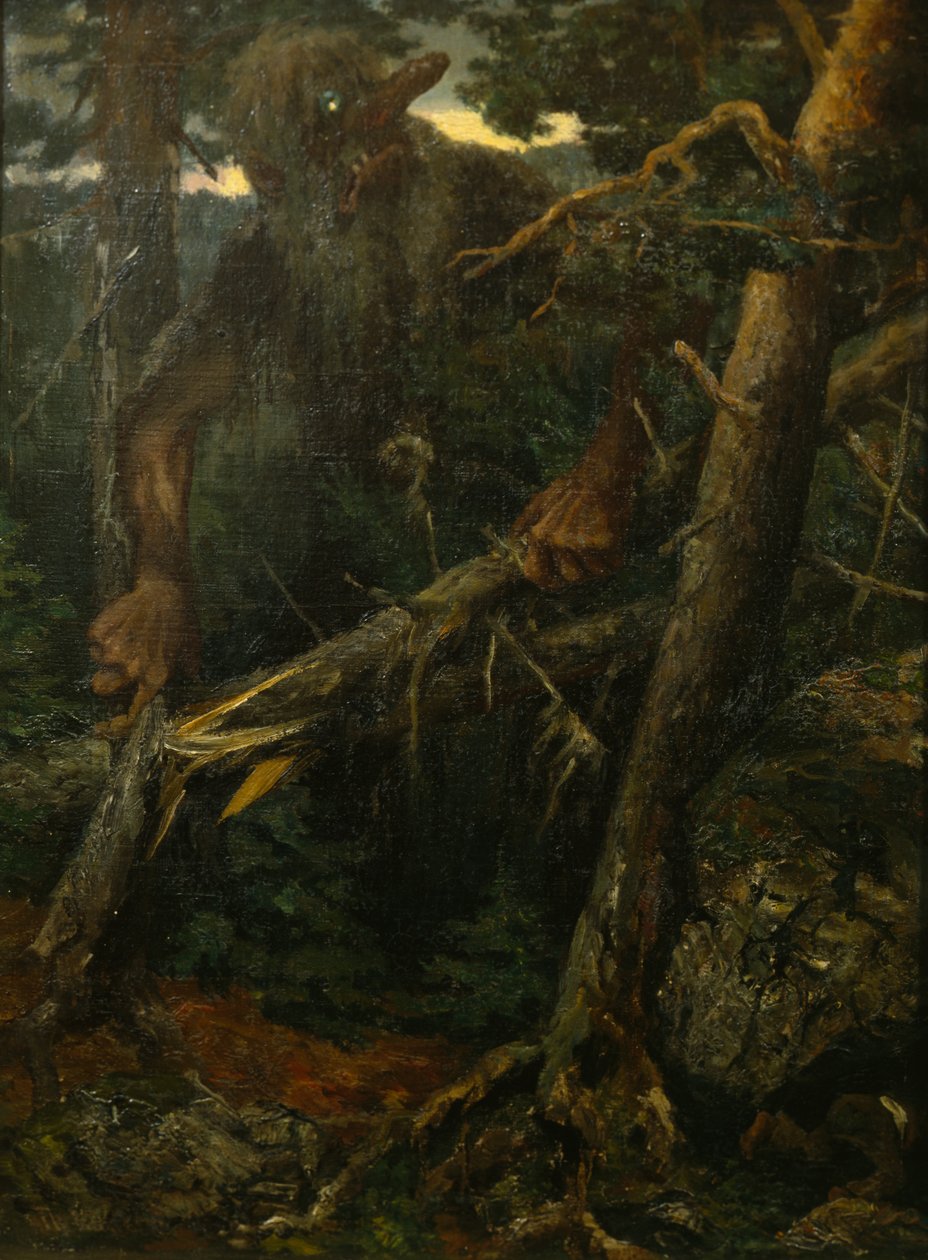 Gammelt troll bryter trær i skogen av Theodor Kittelsen