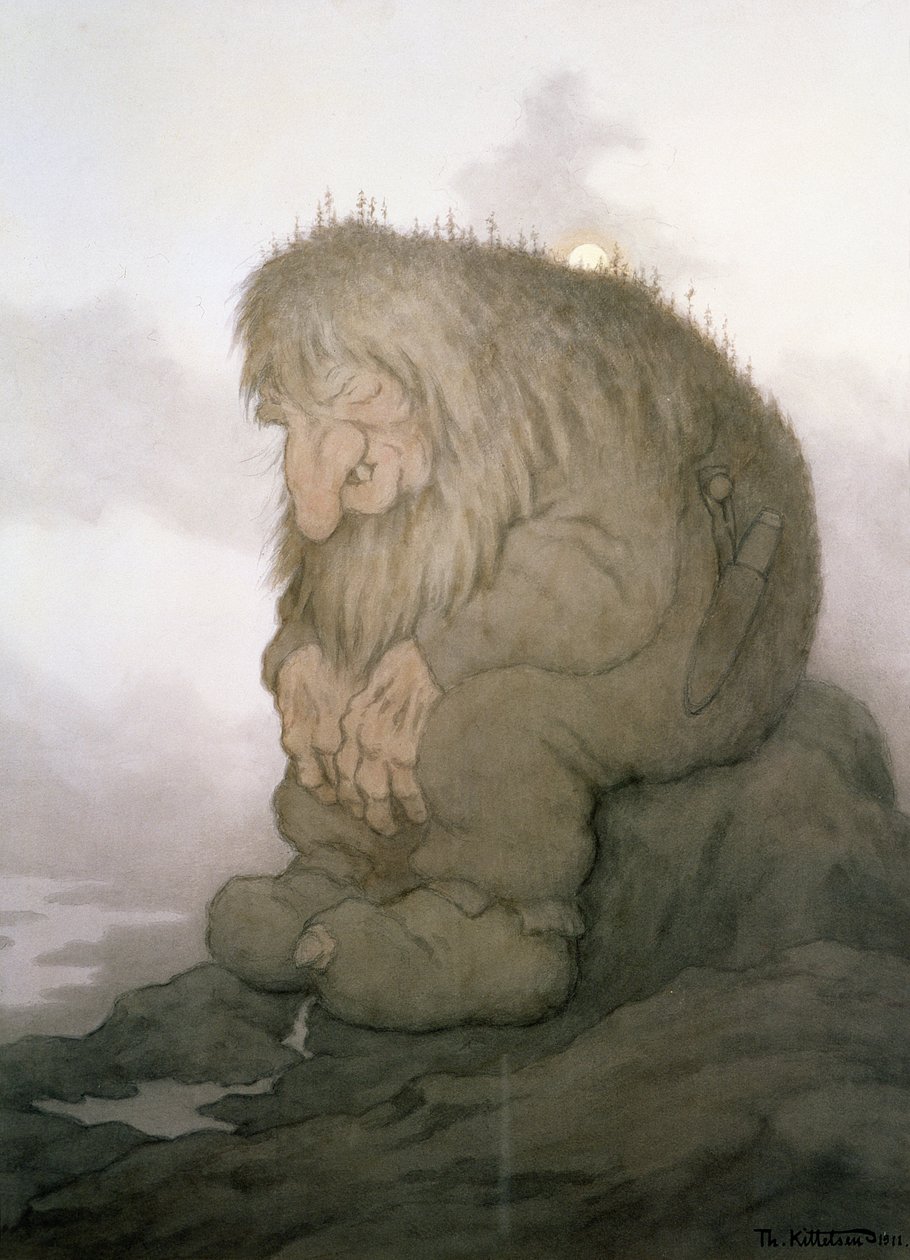 The troll who wonders how old he is   1313269   no       norwegian Successfully Translated  Original: Twee hondshaaien op het strand Canicula. LAnche ou Roussette (title on object) Vissen en andere zeedieren - zoutwater tweede reeks (series title) Poissons av Theodor Kittelsen