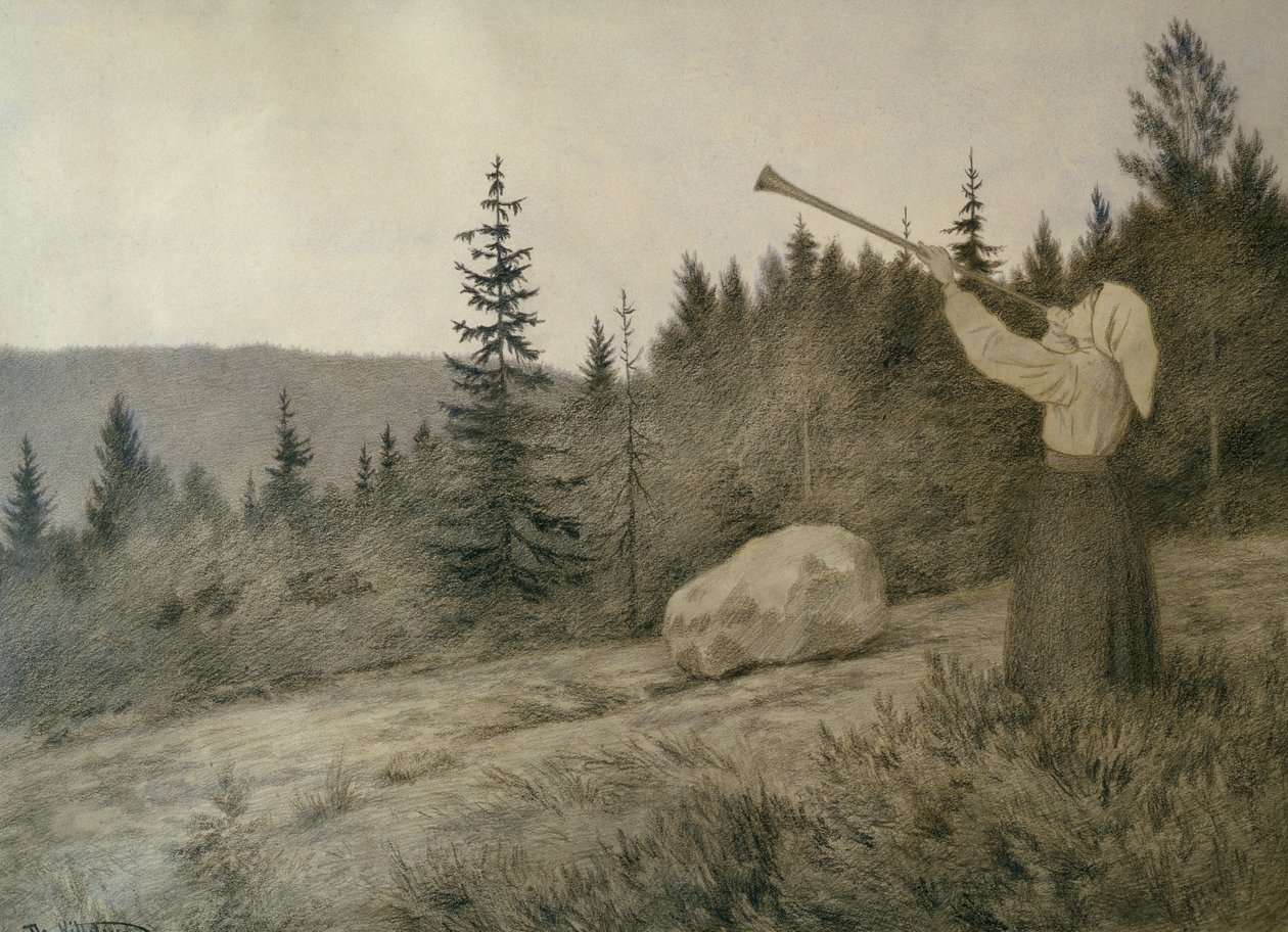 Oppe under fjellet lyder et treblåseinstrument av Theodor Kittelsen
