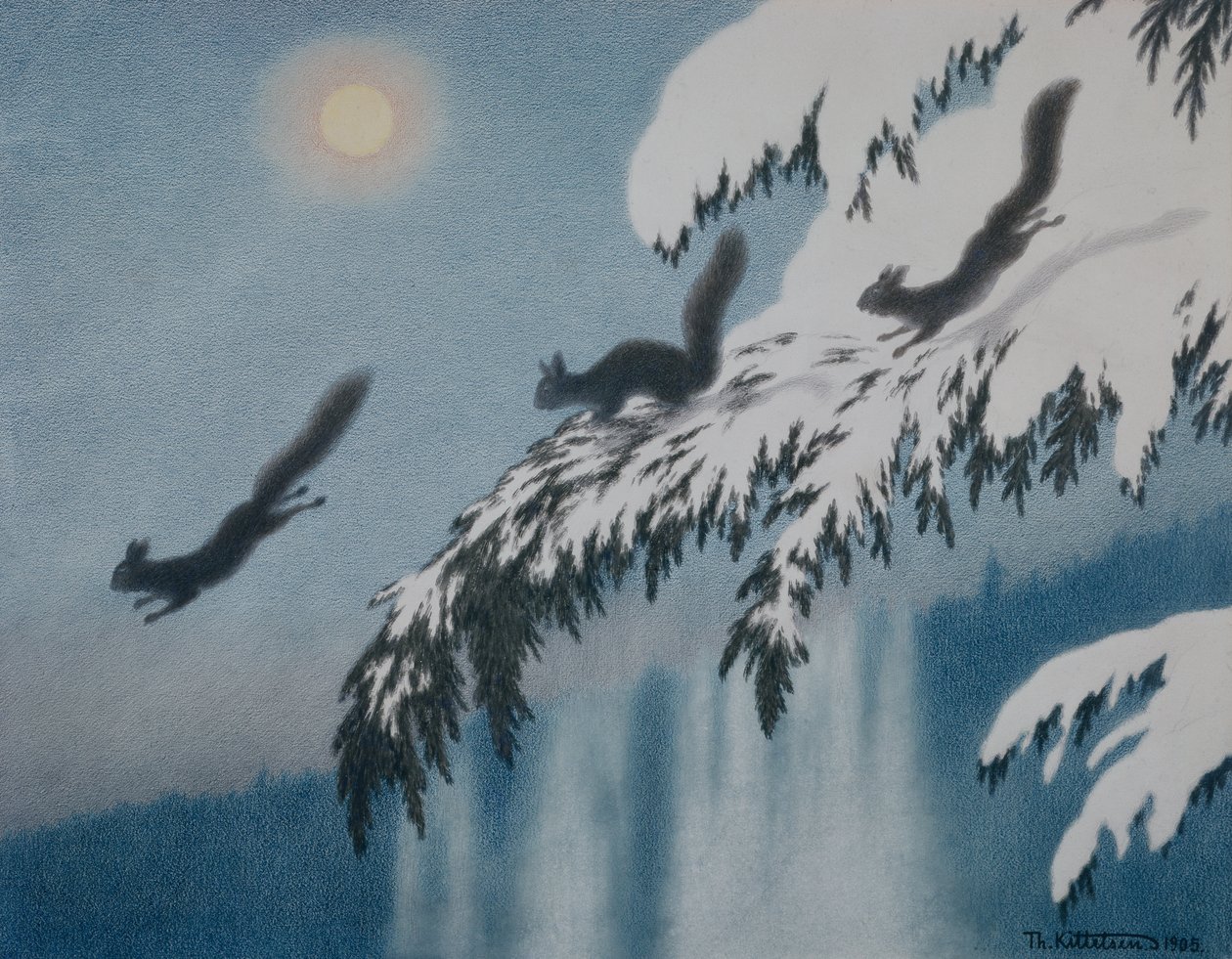 Vinterkveld - Ekorn på flukt av Theodor Kittelsen