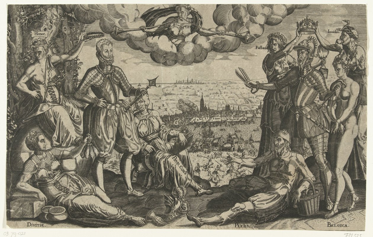 Sammenligning mellom Orange og Alva, med den spanske raseri i bakgrunnen, ca. 1577 av Theodor de Bry (attributed to)