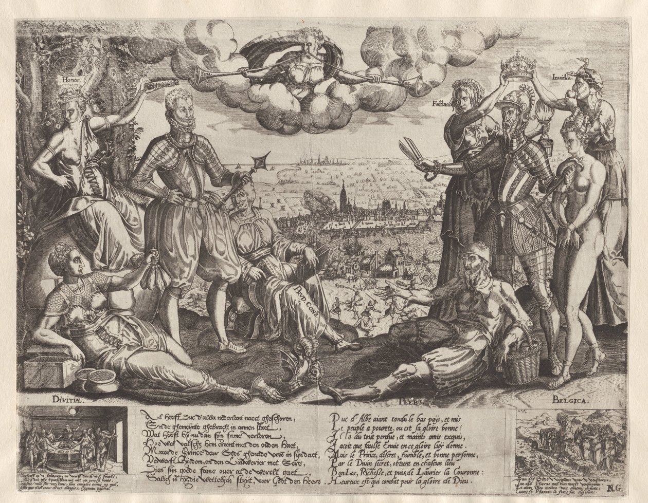 Sammenligning mellom Orange og Alva, med den spanske raseri i bakgrunnen, ca. 1577 av Theodor de Bry (attributed to)