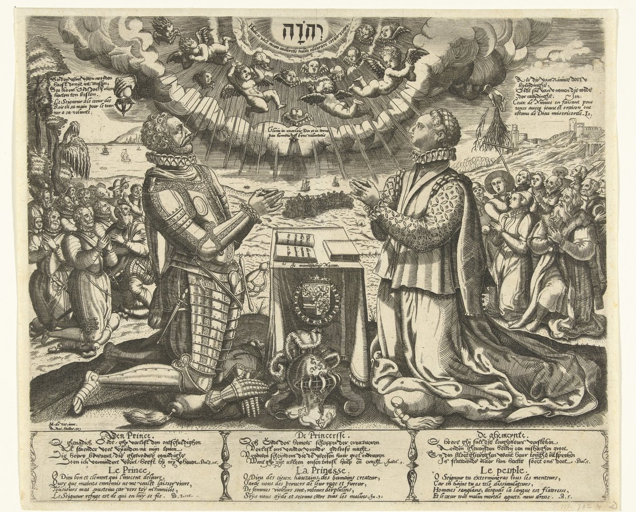 William av Orange og Charlotte av Bourbon kneler i landskapet av Theodor de Bry (attributed to)