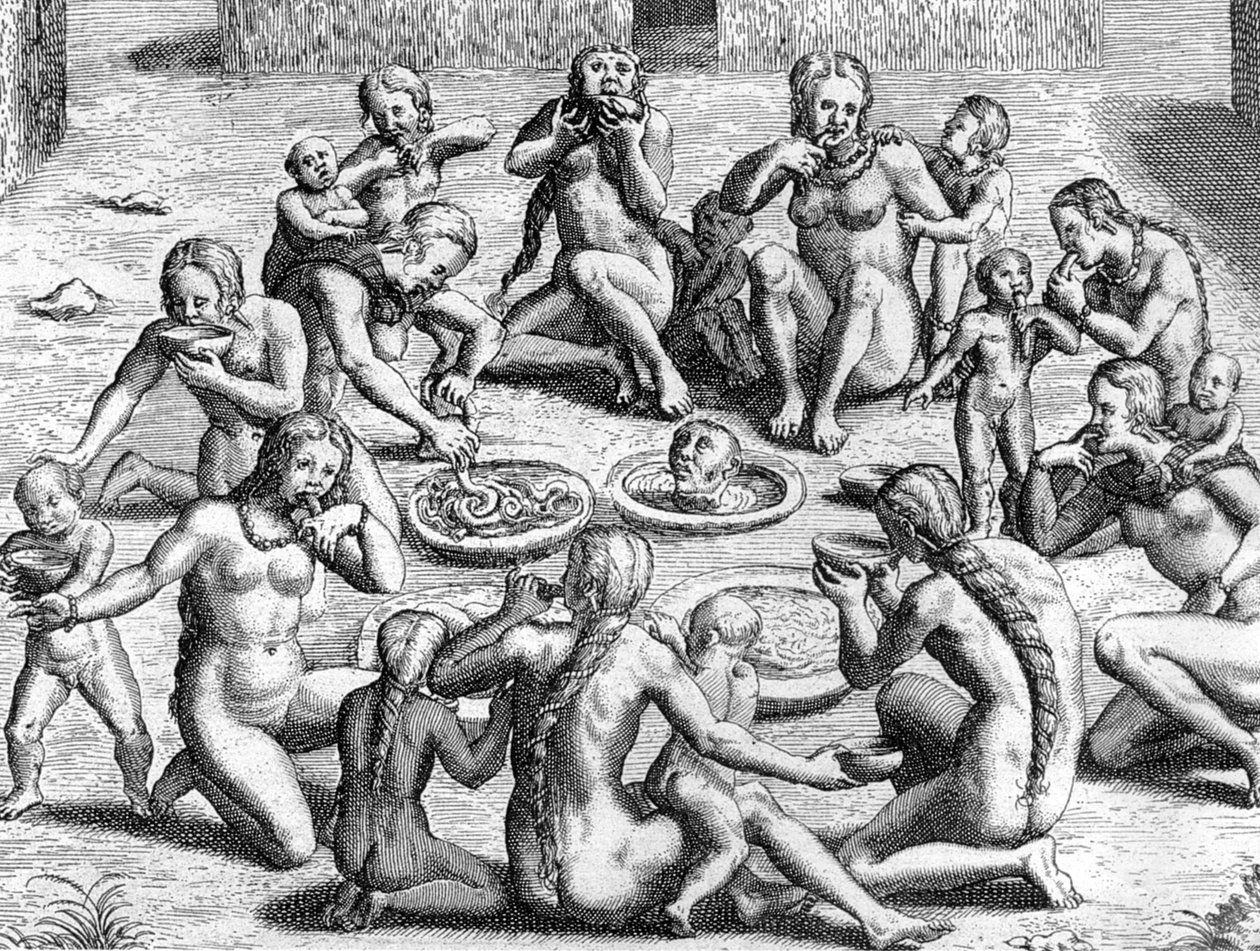 En kjøttkraft er laget av tarmen: kannibalisme av indianere i New World (Amazonia), gravering av Theodore de Bry for boken "Le Voyage au Brezil de Jean de Lery 1556-1558" utgitt i 1578 av Theodor de Bry