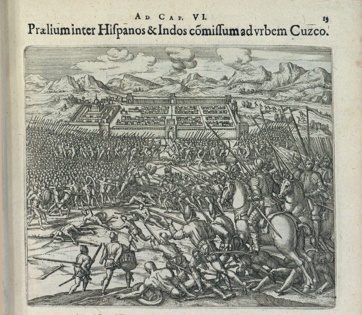 Kamp mellom spanjolene og indianerne ved portene til Cuzco, 1596. av Theodor de Bry
