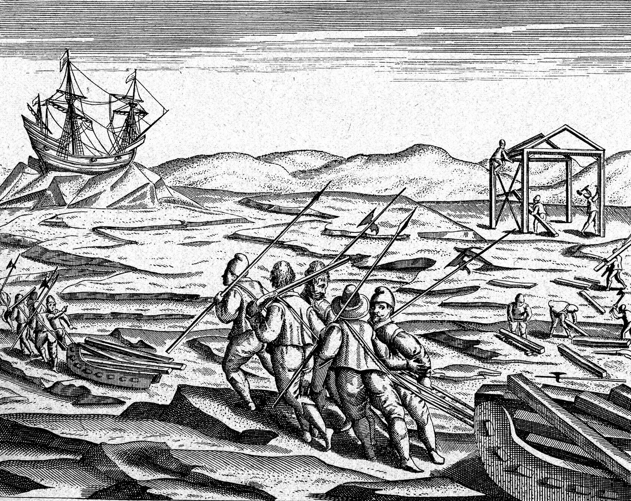 Bygging av et hus for vinteren på Nordpolen, ca. 1600 (gravering) av Theodor de Bry