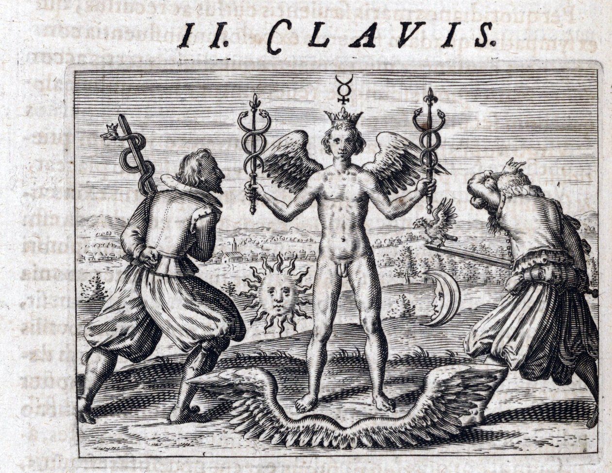 Symbolsk komposisjon av alkymi, en naken ung mann, vinge og krone, svinger to caduceus, omgitt av månen og solen, vendt mot menn bevæpnet med sverd som bærer en ørn og en slange - Gravering av Theodore de Bry (1528 -1598), for traktaten om alc av Theodor de Bry