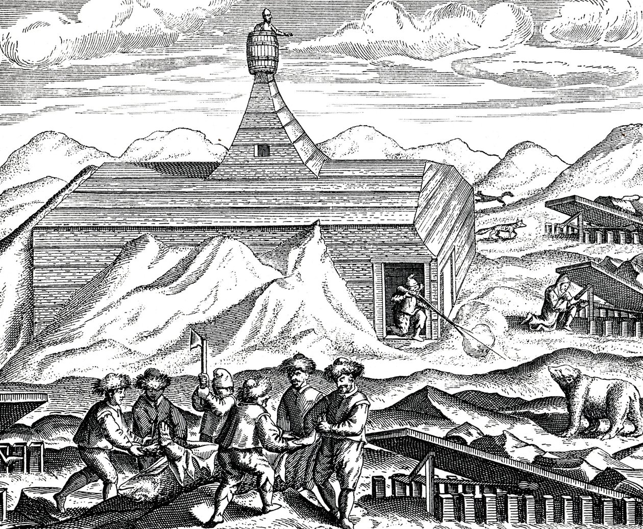 Kutter opp en bjørn på Nordpolen, ca. 1600 (gravert) av Theodor de Bry