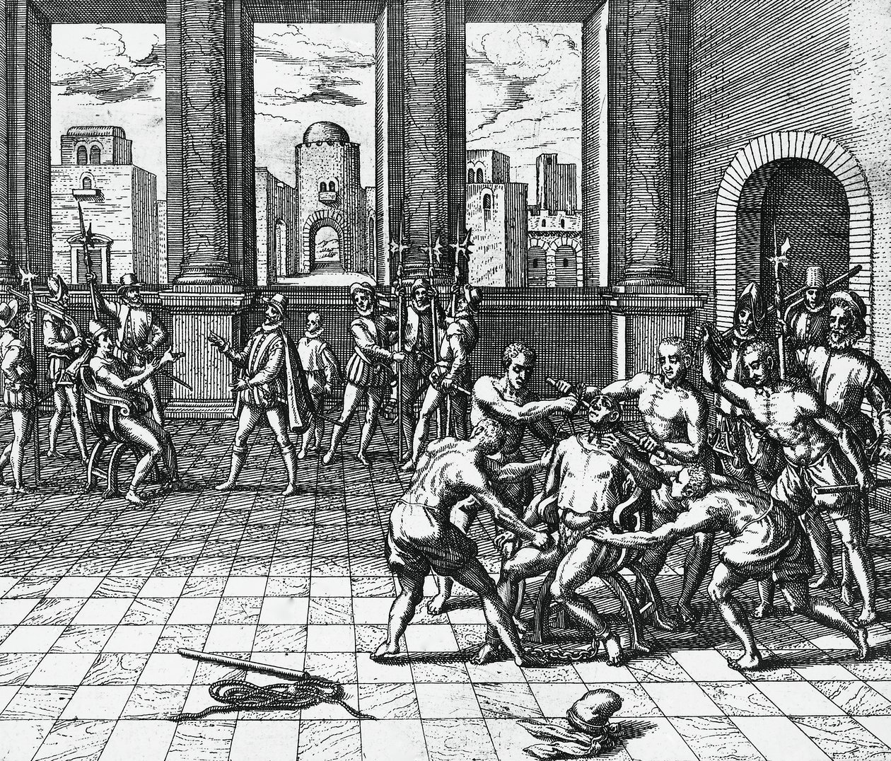 Inka-keiser Atahualpa blir garrotert av Pizarros tropper, 26. juli av Theodor de Bry