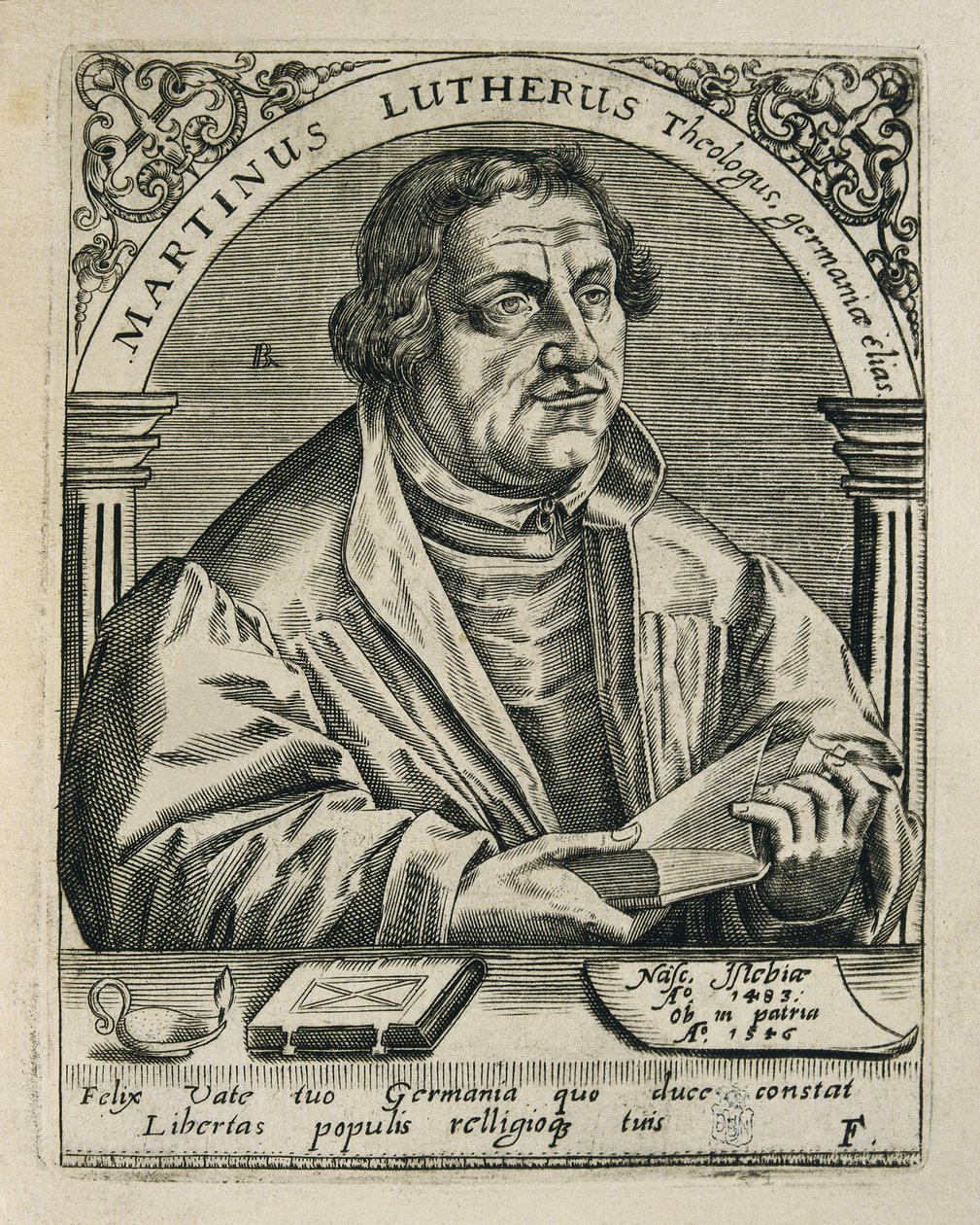 LUTHER, Martin (1483-1546). tysk religiøs reformator. Gravering. SPANIA. MADRID (AUTONOMT FELLESSKAP). Madrid. Nasjonalbiblioteket av Theodor de Bry