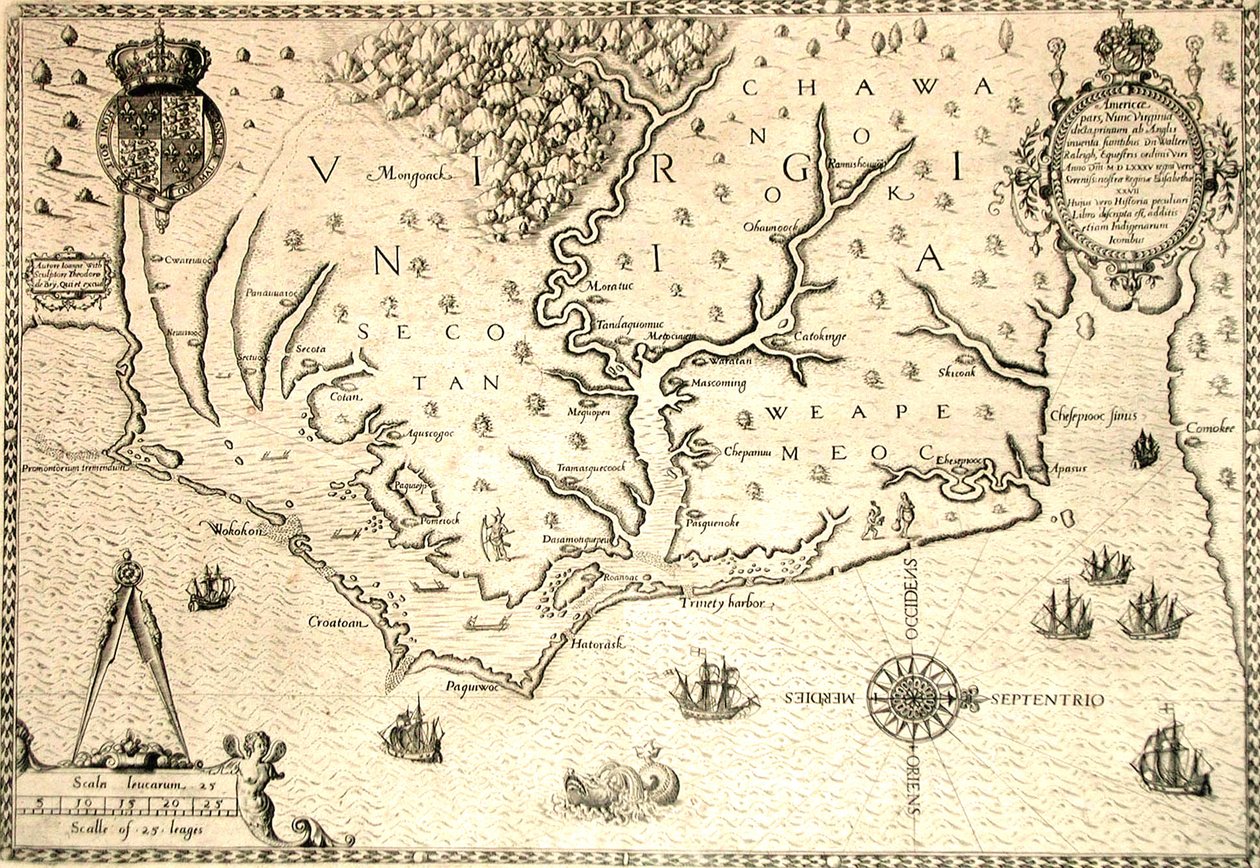 Kart over 1590 gravert av Theodore de Bry etter akvarell av den engelske kolonisten John White, guvernør i Roanoke. Virginia og kysten med små øyer og Roanoke ved munningen av elven. Secotan og Weapemeocs hjemland. av Theodor de Bry