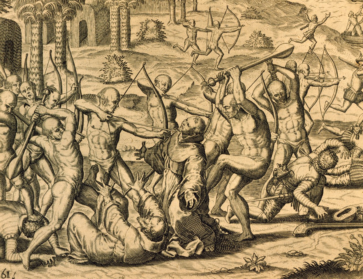Martyrium av misjonærmunker i Sør-Amerika, gravering fra Historia americae, av Theodor de Bry (1528-1598), Frankfurt av Theodor de Bry
