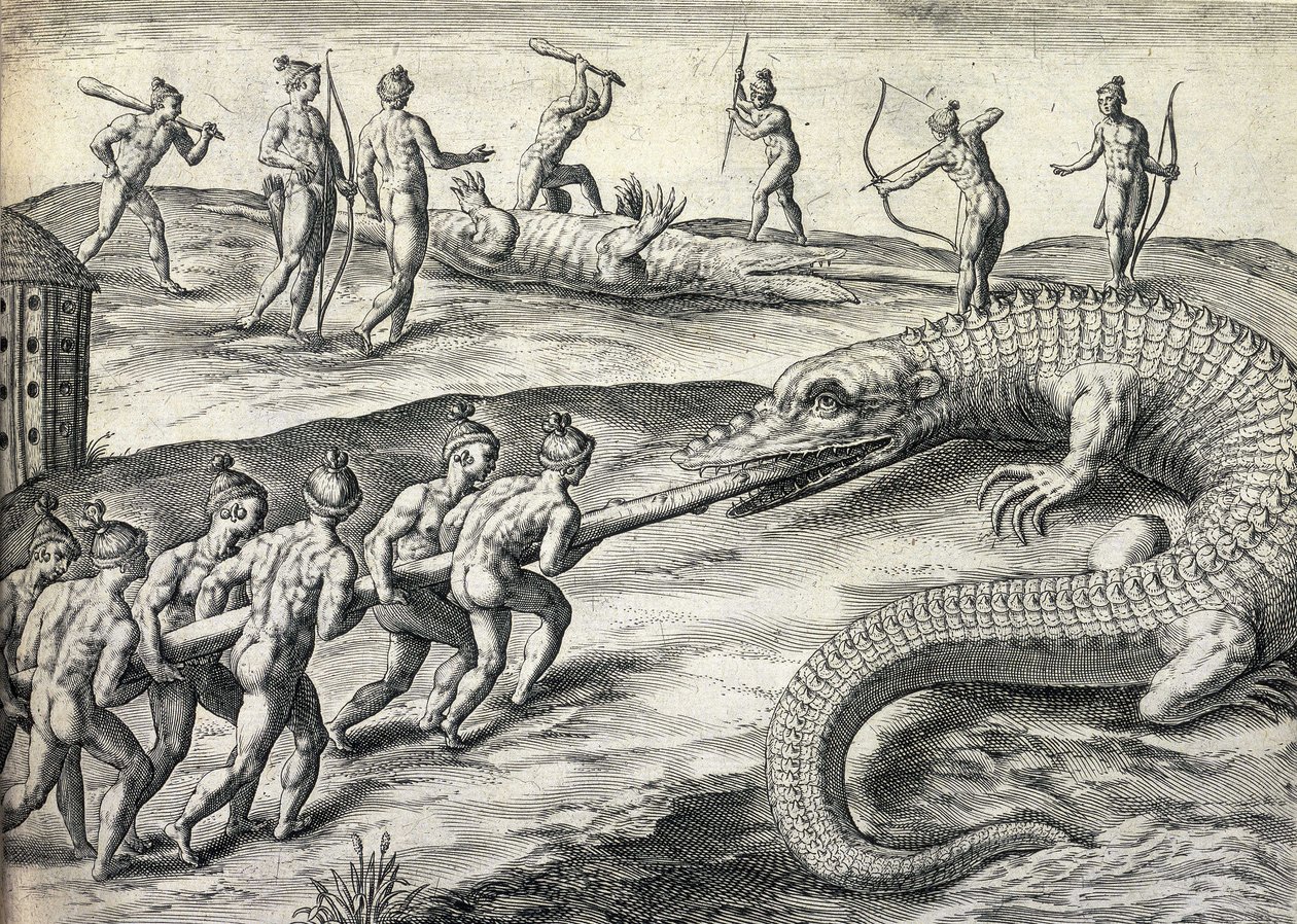 Nakne indianere som jakter på alligatorer i Florida, USA av Theodor de Bry