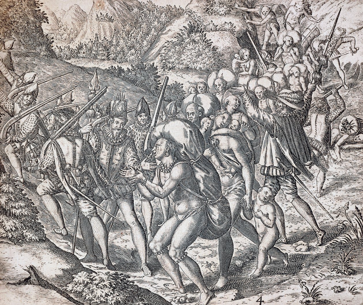 Innfødte blir satt ombord på skip for å bli ført til slaveri i Sevilla, gravering av Theodor de Bry (1528-1598), Antillene av Theodor de Bry