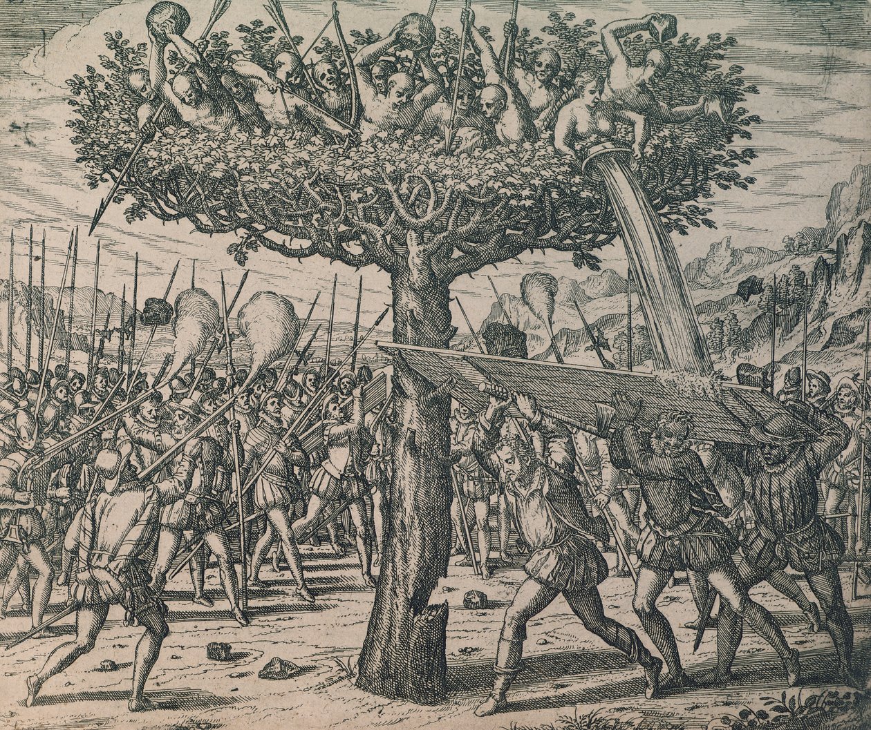 Innfødte gjemmer seg i trærne og kjemper mot erobrerne av Theodor de Bry