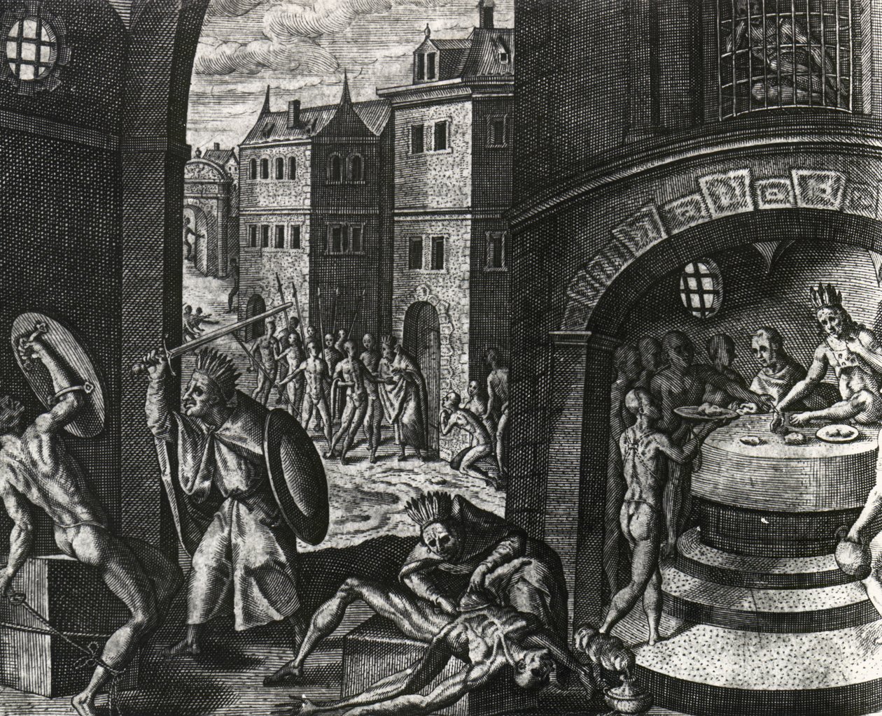 Prest dreper offer for falsk kamp og flår deretter kroppen, Mexico, gravering fra Peregrinationes, av Theodor de Bry (1528-1598), Mellom-Amerika av Theodor de Bry