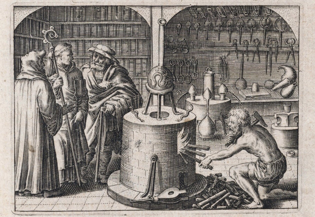 Tre lærde samtaler i alkymiverkstedet, med ovn og instrumenter - Gravering av Theodore de Bry (1528-1598), for alkymiavhandlingen ""Tripus avreus, hoc est, Tres tractatus chymici selectissimi"" av Michael Maier (1569-1622) av Theodor de Bry