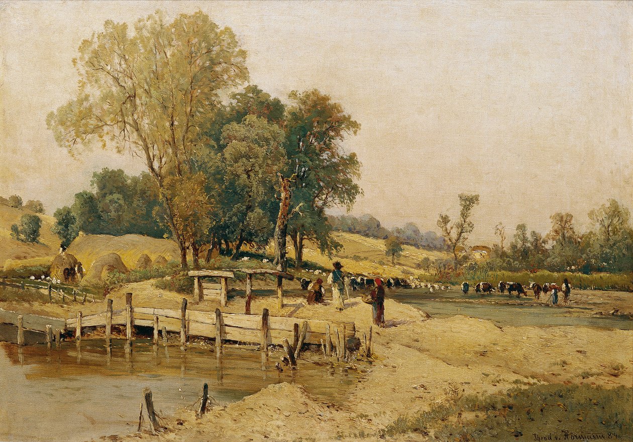 Ungarsk landskap med storfetrau av Theodor von Hormann