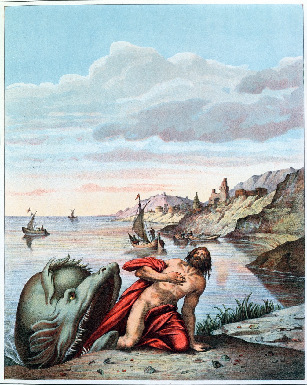 Jonah kastet ut av hvalen på kysten, gravert av Eugene Ronjat av Theodore Amst