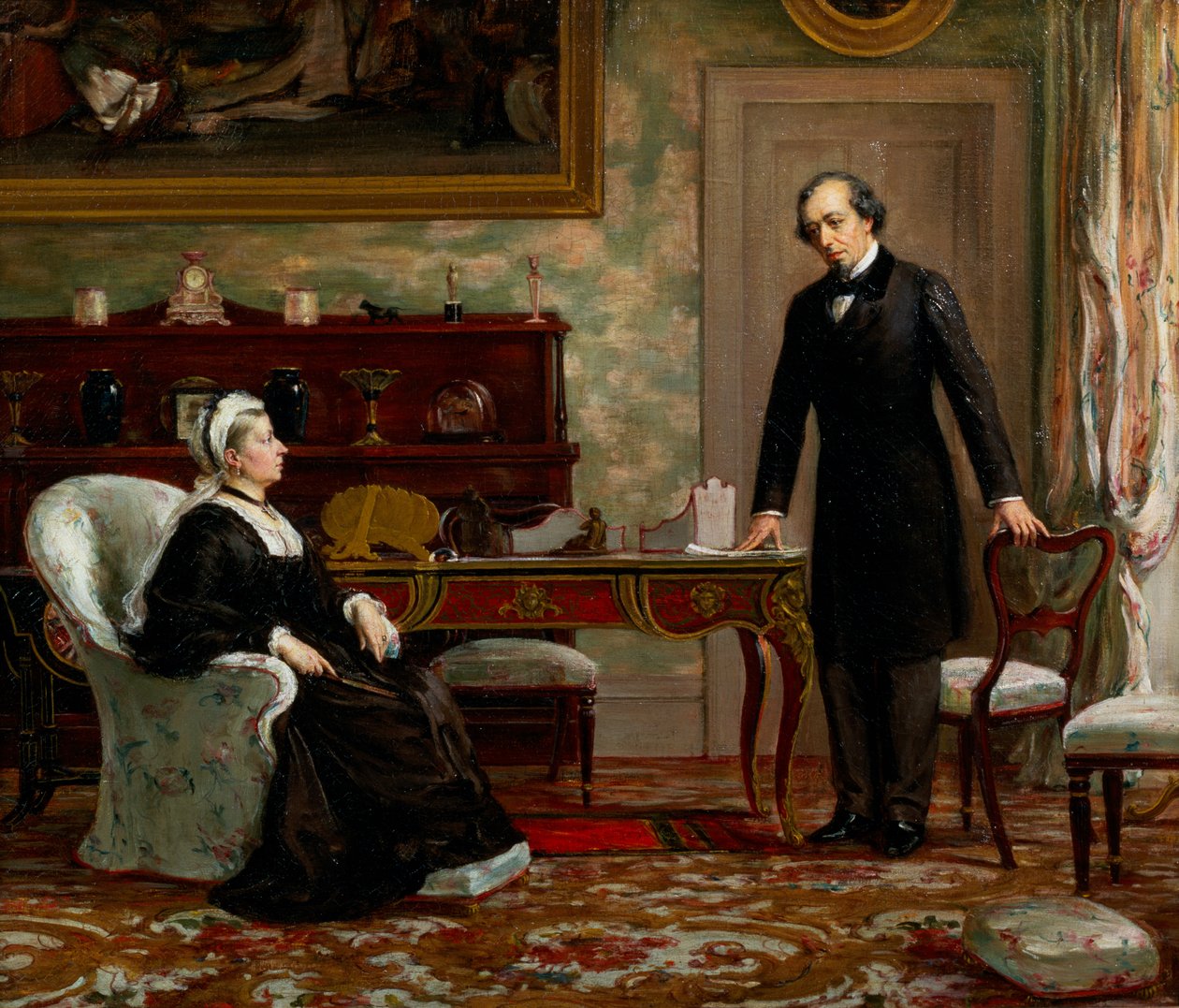 Fred med ære - Dronning Victoria (1819-1901) med Benjamin Disraeli (1804-81) etter signeringen av Berlin-traktaten i 1878 av Theodore Blake Wirgman