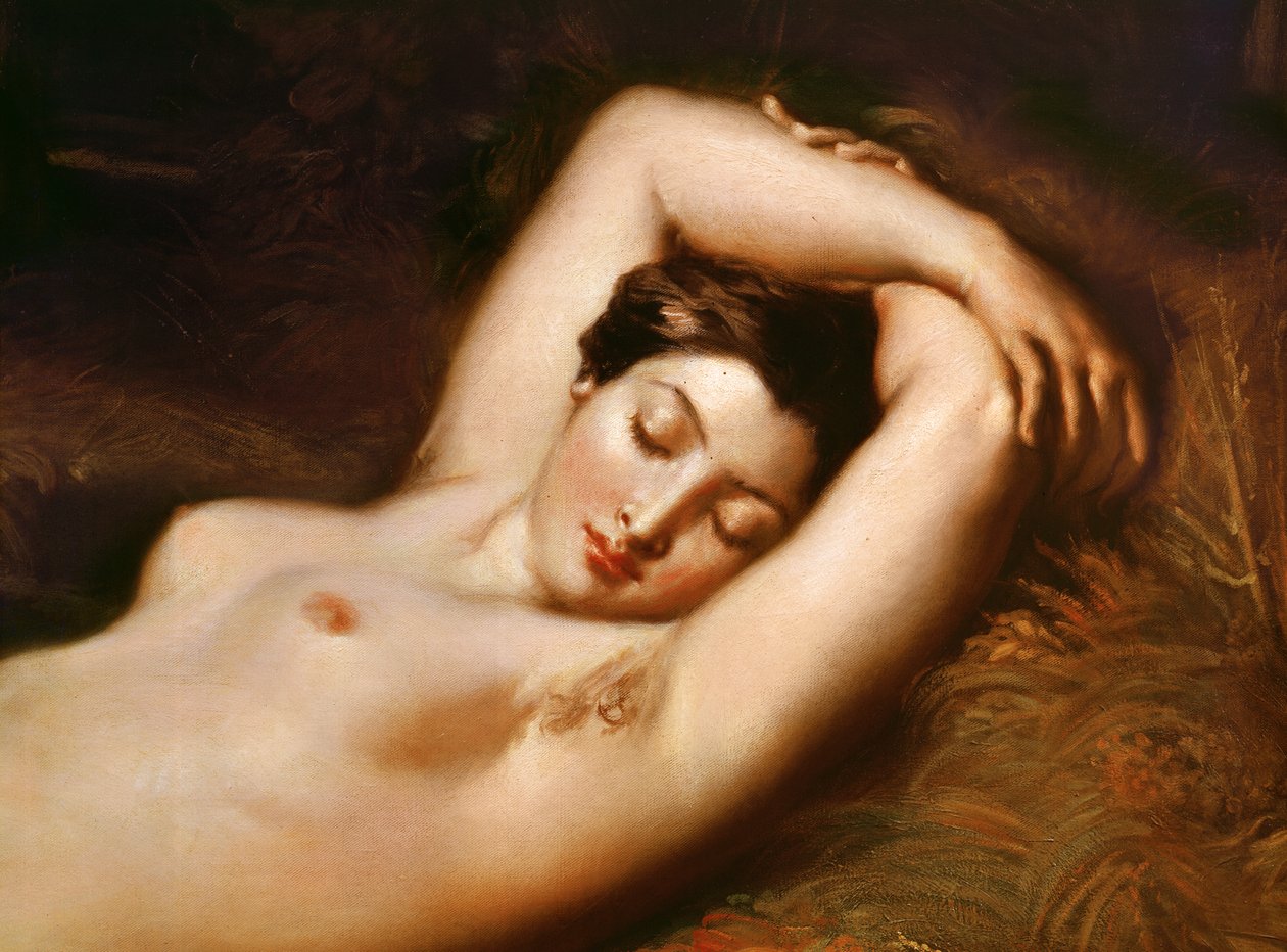 En sovende nymfedetalj av hodet, olje på lerret fra 1850 av Théodore Chassériau