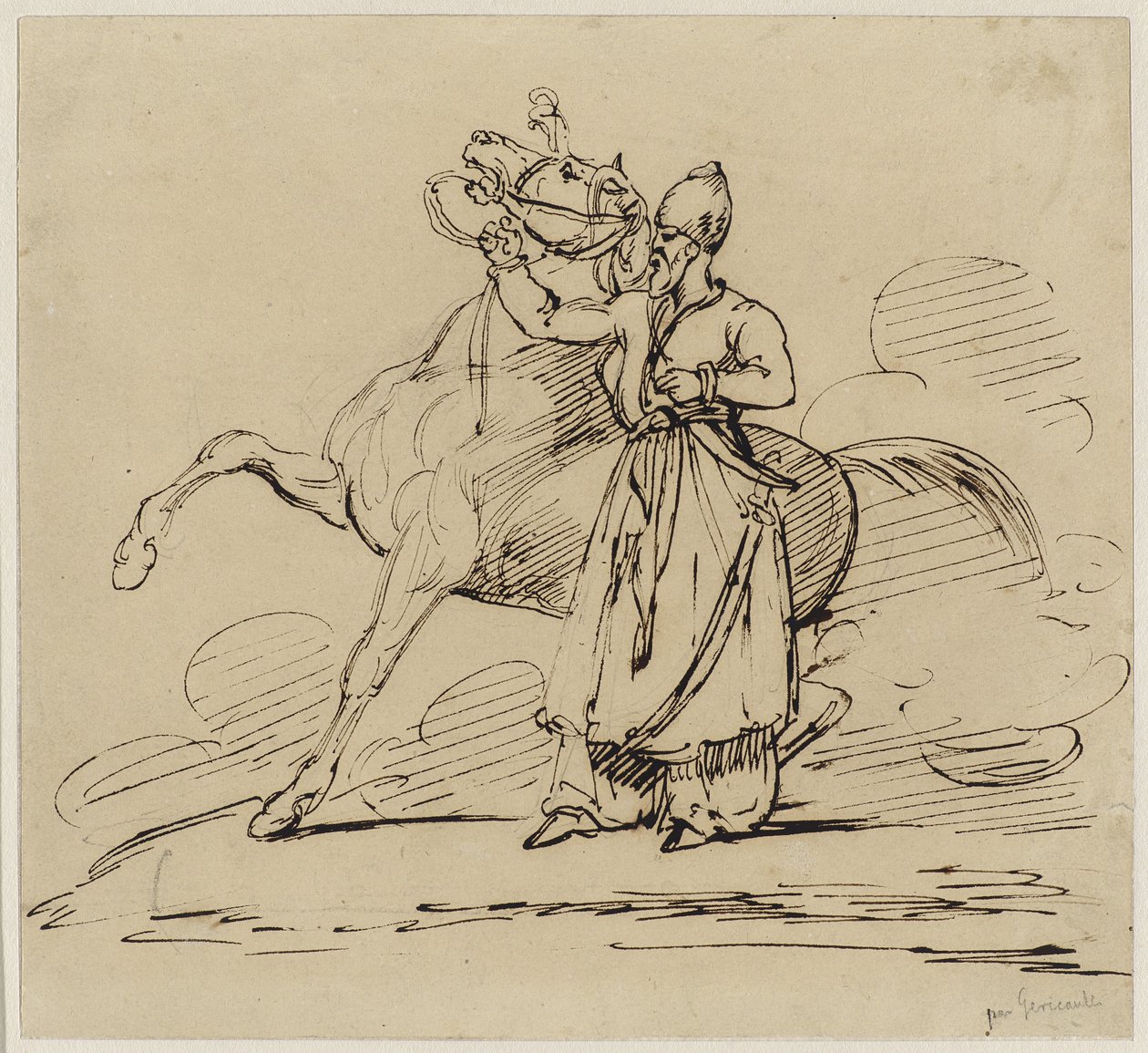 Persan tenant un cheval (Persian Holding a Horse), ca. 1817-22 (penn og brunt blekk med spor av grafitt på vevd papir) av Theodore Gericault