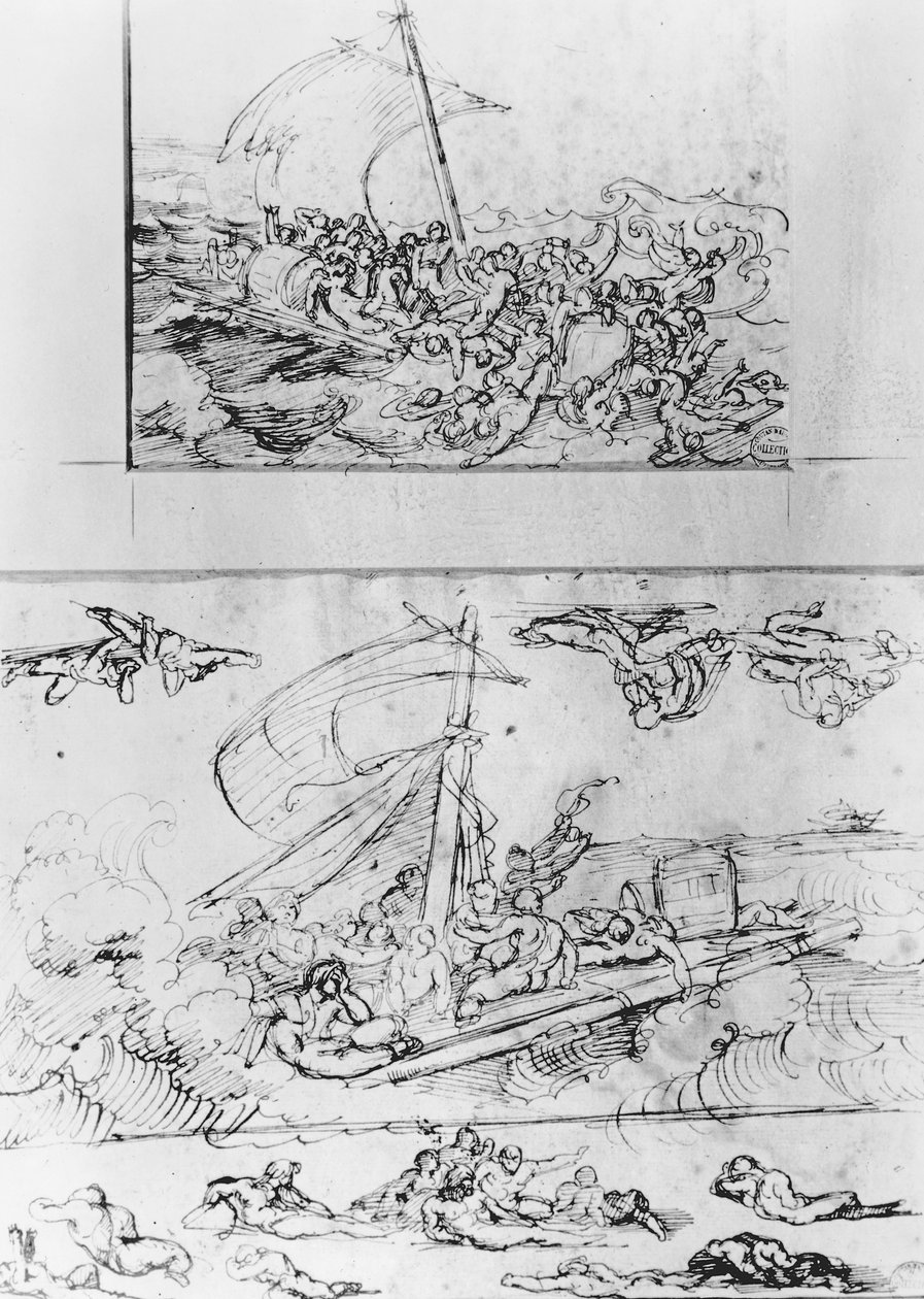 To skisser for The Raft of the Medusa, ca. 1819 (penn og blekk) av Theodore Gericault