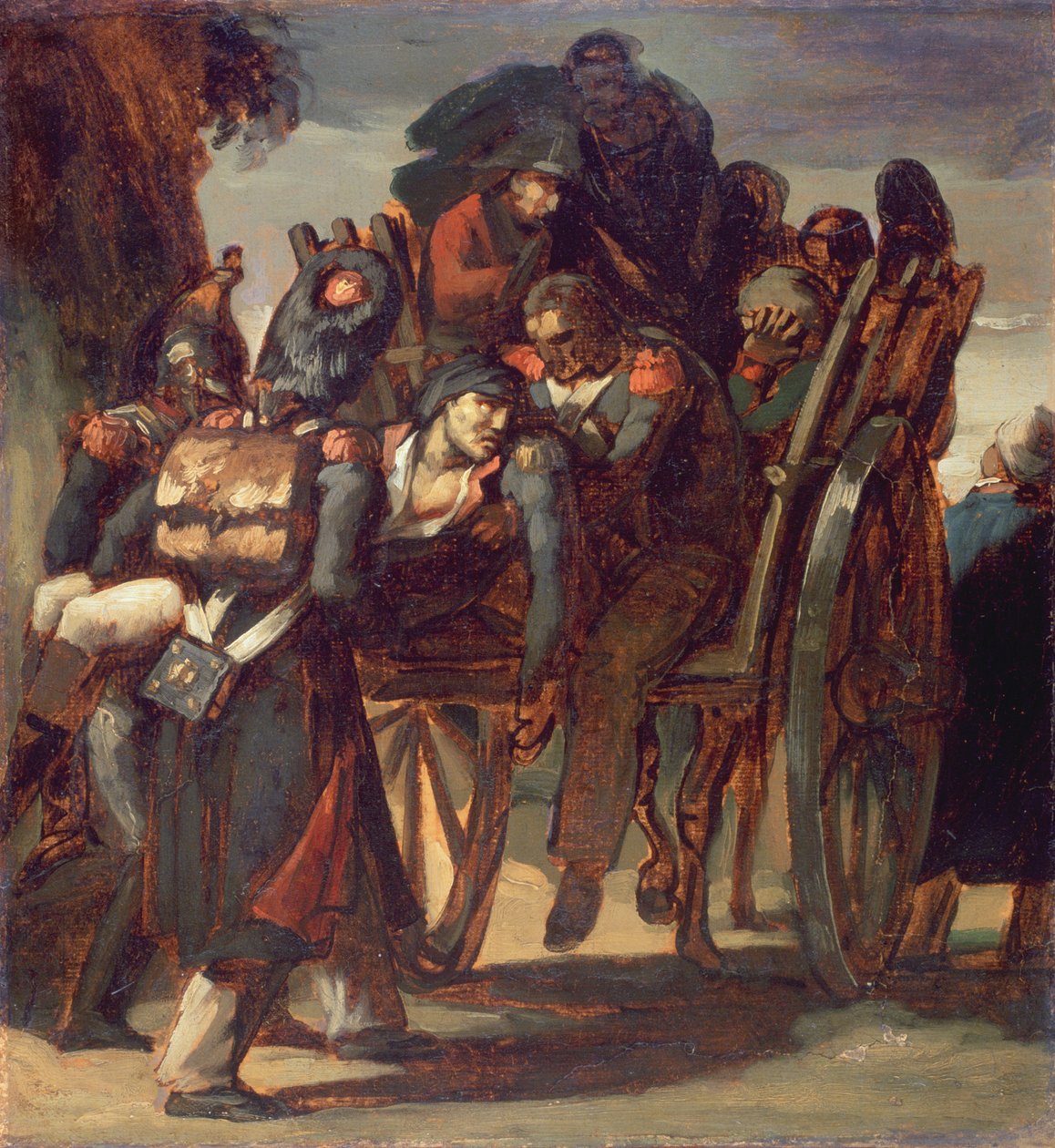 Sårede soldater i en vogn, 1814-17 (olje på papir lagt ned på lerret) av Theodore Gericault