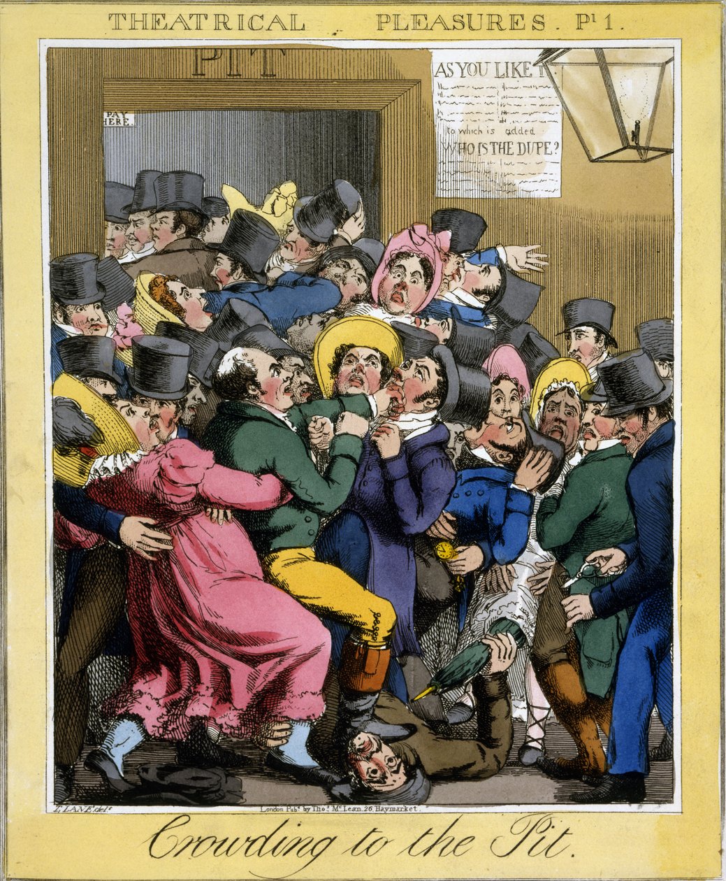 Crowding to the Pit, Plate 1 fra Theatrical Pleasures, pub. Thos. McLean, London, 1821 (håndfarget gravering) av Theodore Lane