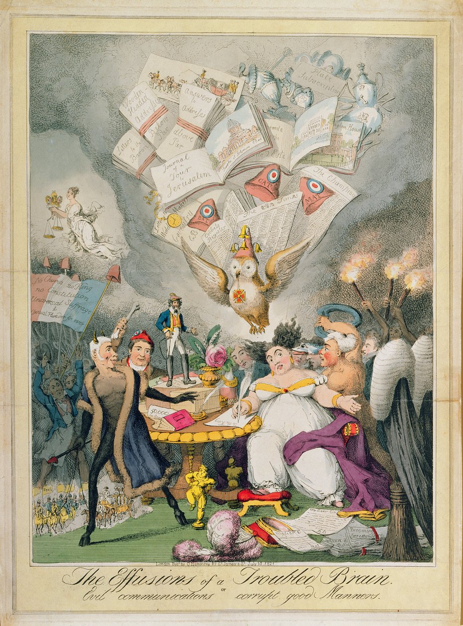 The Effusions of a Troubled Brain, or Evil Communications Corrupt Good Manners, utgitt av G. Humphrey, 1821 (farget etsning) av Theodore Lane