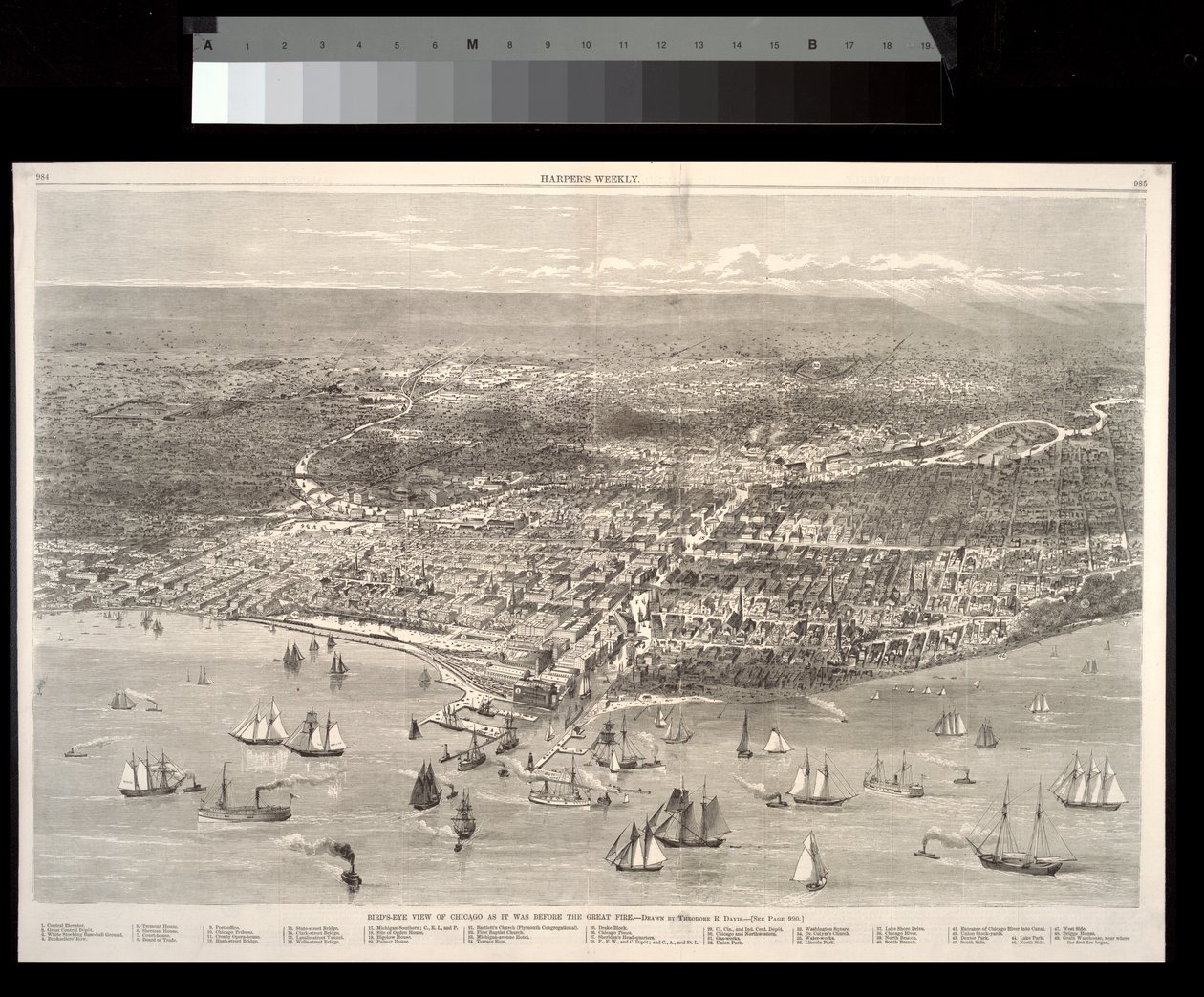 Fugleperspektiv av Chicago slik det var før den store brannen, 1871 av Theodore Russell Davis