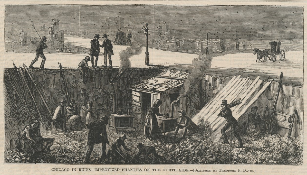Chicago in Ruins - Improviserte shanties på nordsiden, illustrasjon fra Harpers Weekly, 1871 av Theodore Russell Davis