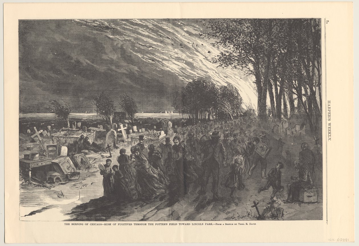The Burning of Chicago - rush av flyktninger gjennom pottemakerfeltet mot Lincoln Park, illustrasjon fra Harpers Weekly, 1871 av Theodore Russell Davis