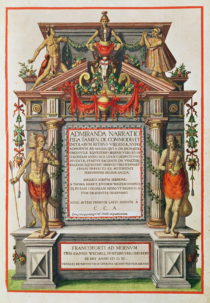 Admiranta Narratio.... Frontispice (side 1), 1585-1588 (fargegravering) av Theodore de Bry