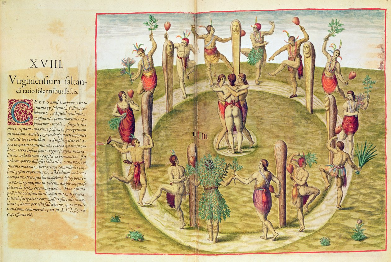 Admiranta Narratio, The Virginian Ritual Dance of Friendship (side 85), 1585-88 (fargegravering) av Theodore de Bry