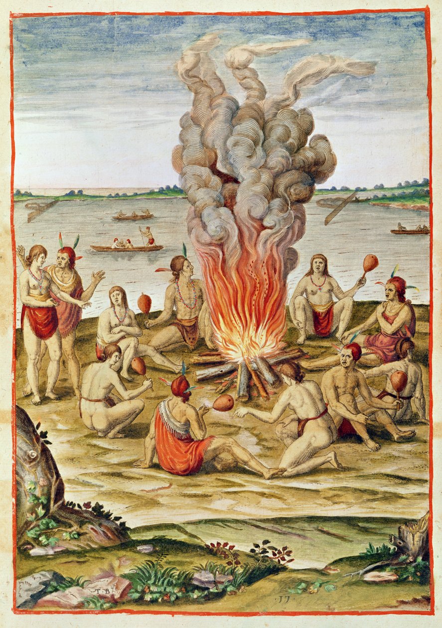 Admiranta Narratio, feiringen av en seier rundt en ild (side 79, plate 17), 1585-88 (fargegravering) av Theodore de Bry