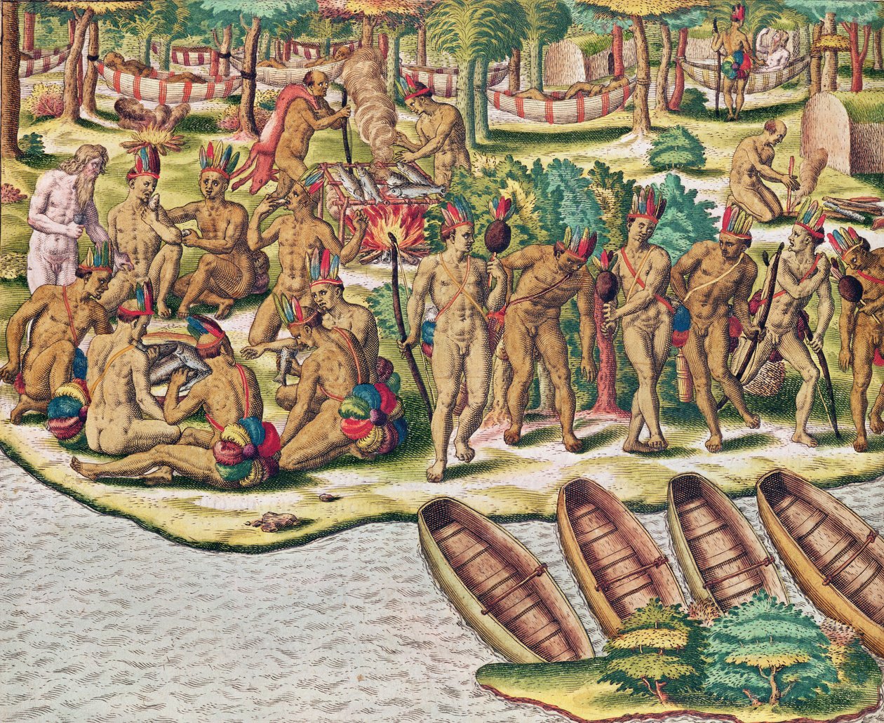 Americae Tertia Pars, Deliberating before an Expedition against the Enemies (side 432), 1563 (fargegravering) av Theodore de Bry