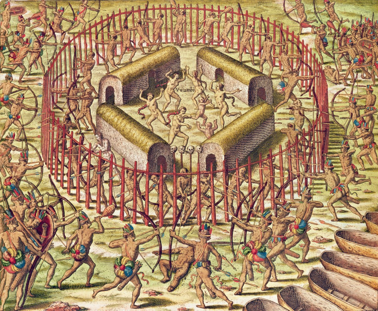 'Americae Tertia Pars', attacl av landsbyen ved Tuppinjkinsij (side 364), 1562 (fargegravering) av Theodore de Bry