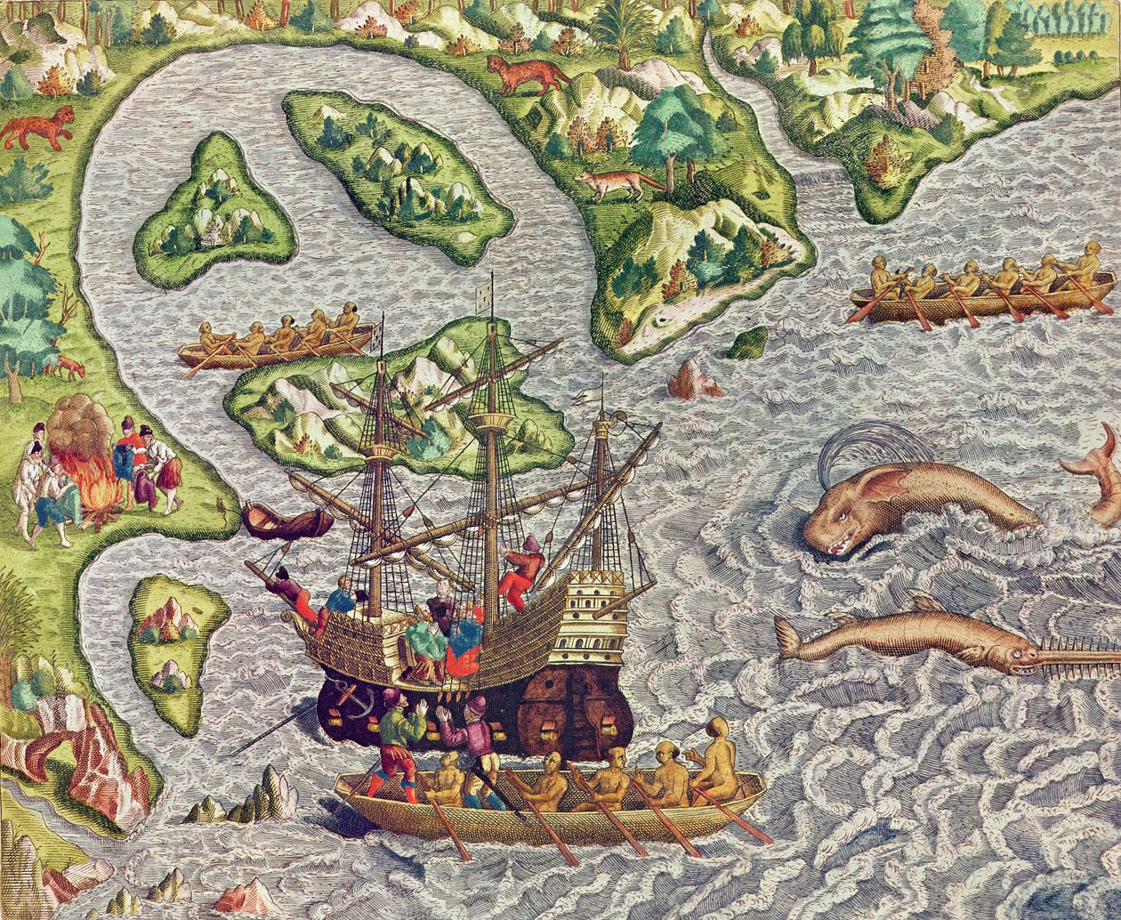 Americae Tertia Pars, gå ombord på skipet vårt ved hjelp av en barbarisk båt ved hjelp av en barbarisk båt (side 333), 1562 (fargegravering) av Theodore de Bry
