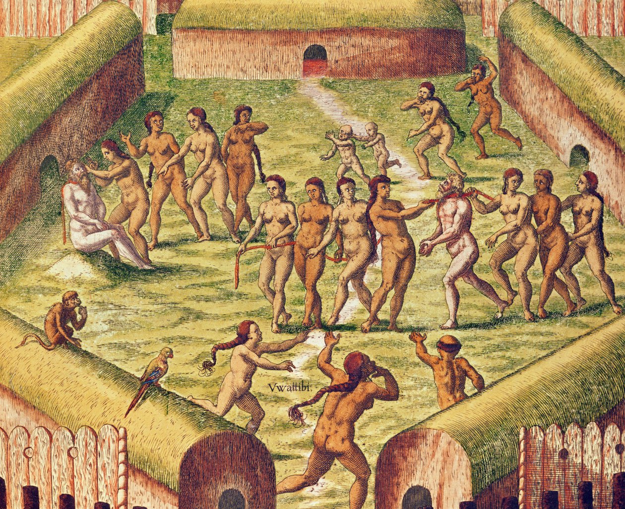 Americae Tertia Pars, fangen midt i den indiske landsbyen (side 353), 1562 (fargegravering) av Theodore de Bry