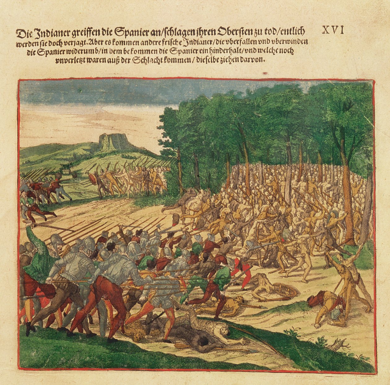 Kamp mellom indianerne og spanjolene der den spanske obersten ble slått i hjel av Theodore de Bry