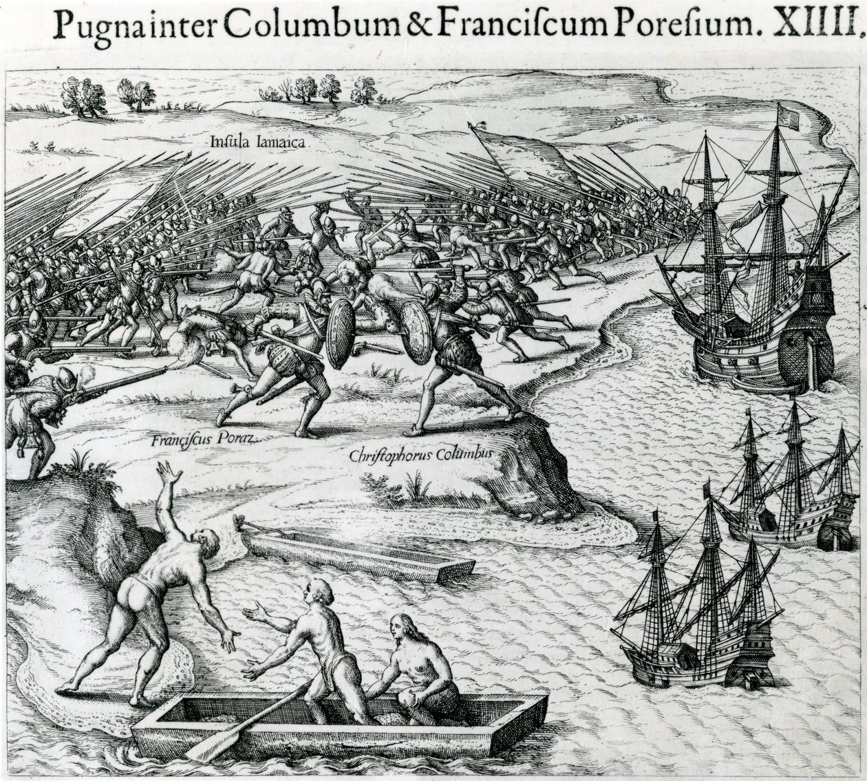 Slaget på Jamaica mellom Christopher Columbus (1451-1506) og Francisco Poraz, 1504, fra 